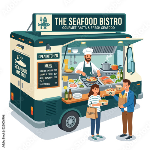 Seafood Bistro Food Truck, Chef Cooking Fresh Seafood, Customers Buying Takeaway