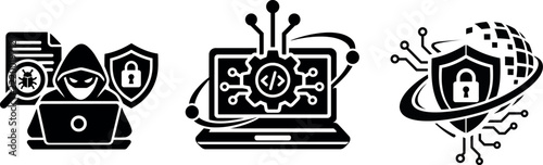 Cybersecurity icons depicting hacking coding and global network protection in black silhouette