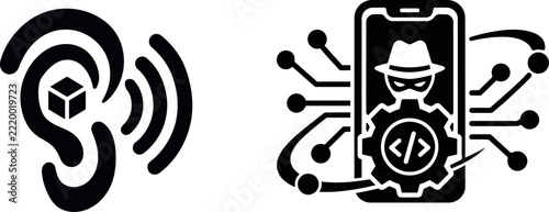 Wireless signal with cubic shape and hacker inside smartphone flat icon set