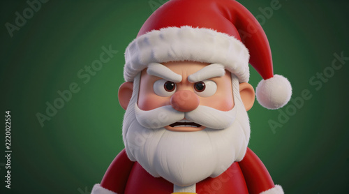 Angry Cartoon Santa Claus Character with Furrowed Eyebrows Close Up 3D Render Deep Green Studio Background with Copy Space. Angry Santa Character Headshot Naughty List Concept