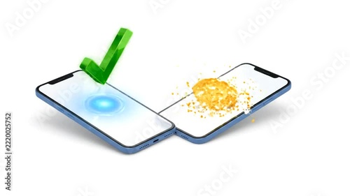 Motion concept of secure mobile biometric authentication with fingerprint scanning on smartphone screen and green checkmark for digital verification