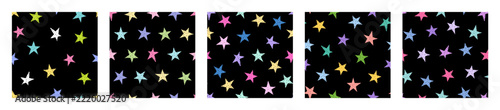 Set of festive star seamless patterns on black background. Backdrops with bright multicolored stars for birthday parties, holiday decorations, fabrics and other surface designs. Vector background.