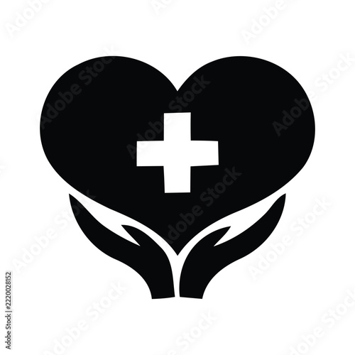 Black heart medical cross hand icon for healthcare brand identity.