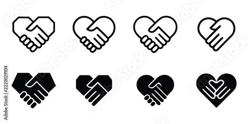 heart shaped handshake icons in various line and glyph styles.