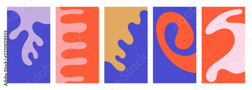 Vector set of five abstract groovy backgrounds in pink, gold, red,  purple colors. Retro psychedelic patterns for poster, layout, magazines, banner, social media stories.