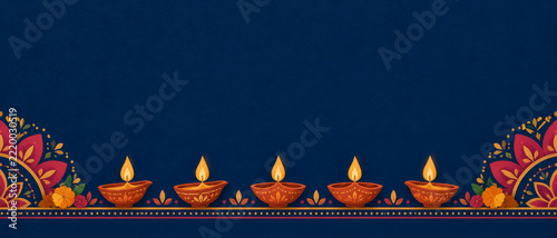 Diwali banner illustration with row of terracotta diya lamps and flame shapes, floral rangoli border on navy background, copy space for festival announcements, celebration greetings and event text