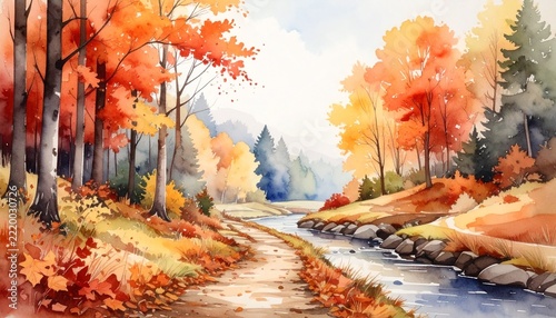 水彩画の美しい秋の森の風景イラスト、紅葉の小道と余白のある自然素材