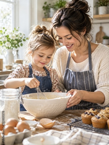 Mother and daughter mixing cake batter together in a sunlit home kitchen