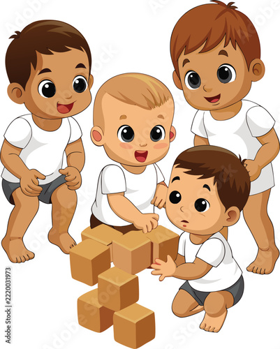 Little Boy Playing with Building Toy Blocks Set | Toddler Early Education Vector Illustration
