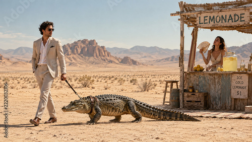 man walking alligator in the desert