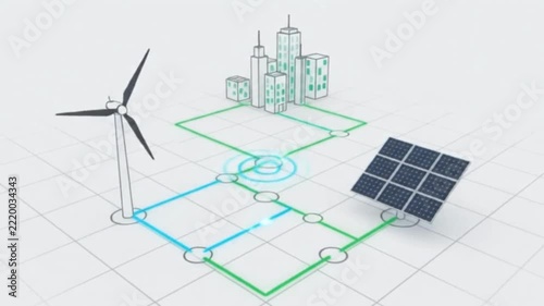 Isometric Smart Grid Concept Connecting Renewable Solar and Wind Energy to Sustainable Urban City Infrastructure