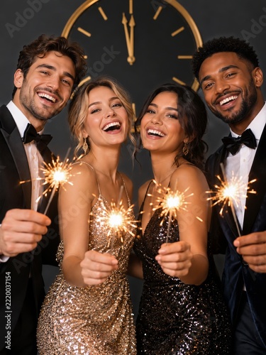 Four Friends Holding Sparklers Beneath a Golden Clock at a Festive Party