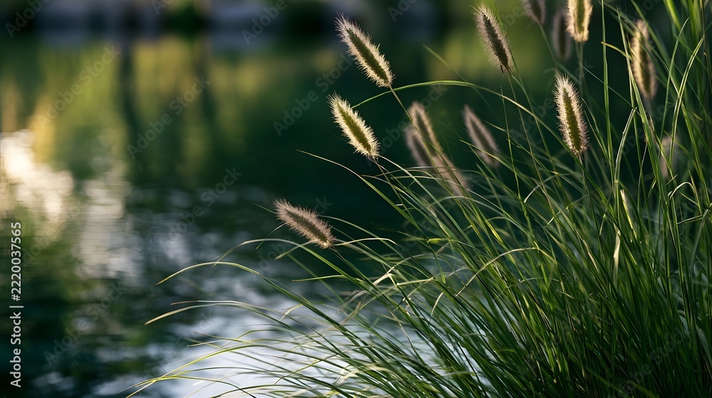 Fototapeta premium Graceful grasses with feathery seed heads sway gently beside a calm reflective water surface under soft golden light