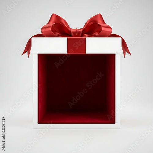 Beautiful empty white gift box decorated with elegant glossy red ribbon and bow standing brightly against clean studio background ready for custom design placement