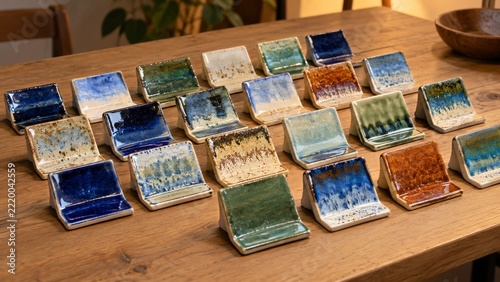Ceramic glaze samples in varied colors on a plain studio testing table