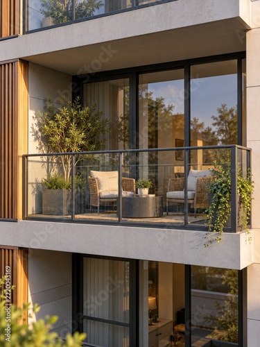Modern apartment balcony with glass railings and leafy outdoor seating