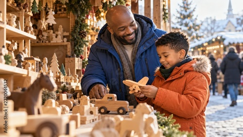 Parent and child exploring wooden toys at a decorated winter stall