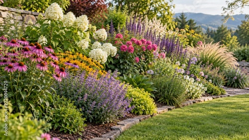 Layered mature flower border beside a green lawn and low stone edging