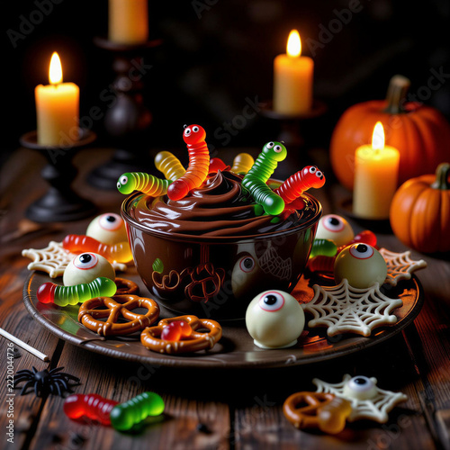Halloween themed dessert spread featuring a central bowl of rich chocolate pudding topped with colorful gummy worms