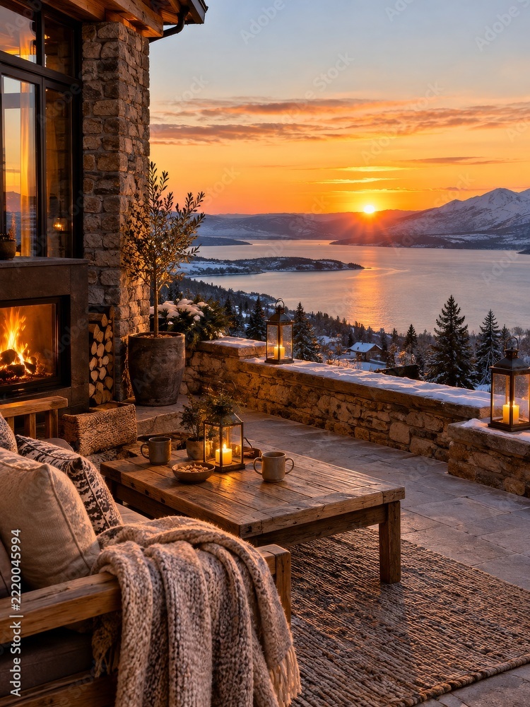 Naklejka premium Peaceful stone terrace overlooking a snowy mountain lake at golden sunset