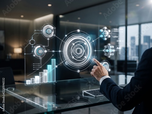 A professional businessman interacting with a digital interface to achieve a holographic business boost for corporate growth strategy success