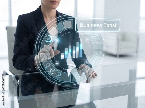 A professional business person interacting with a digital interface to achieve a significant holographic business boost for corporate growth