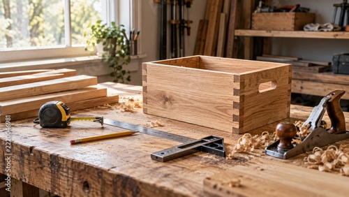 Unfinished Wooden Box with Measuring Tools and Shavings on a Craft Bench