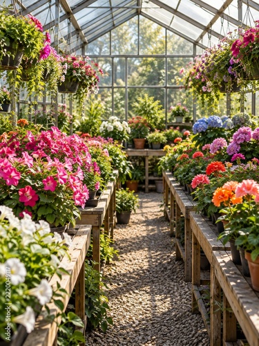 Colorful potted flowers lining benches inside a bright empty greenhouse