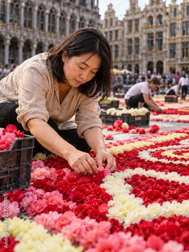 Focused Floral Artisan Arranging Colorful Begonia Blossoms into a Flower Carpet