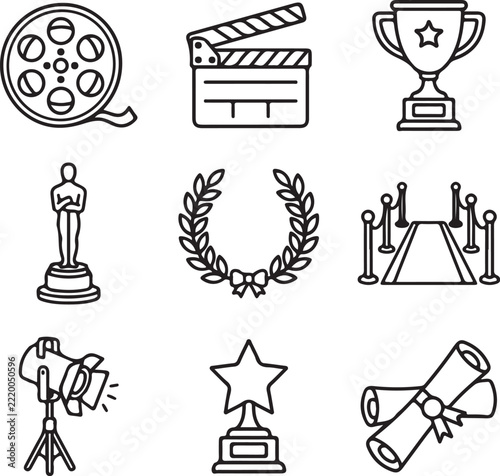 Line art icons of film awards and movie industry ceremony elements in a set with award ceremony
