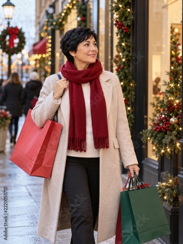 Woman carrying plain shopping bags past a decorated winter boutique