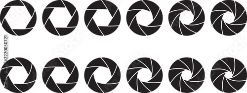 Set of camera aperture iris blades icons in various stages of opening and closing with shutter speed