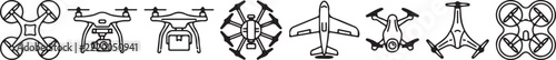 Set of various drone icons for aerial photography and unmanned aircraft technology with remote contr