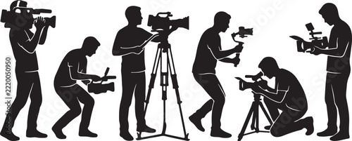 Silhouettes of professional videographers filming with cameras and tripods, videographer silhouette