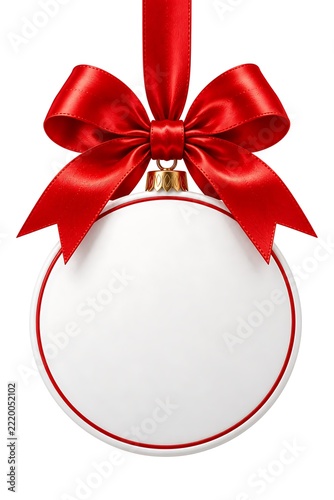 Blank round Christmas ornament mockup featuring elegant red ribbon bow hanging against clean white background creating festive holiday template design for greeting cards