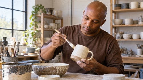Potter applying a pale glaze coat to a handmade mug beside a studio window