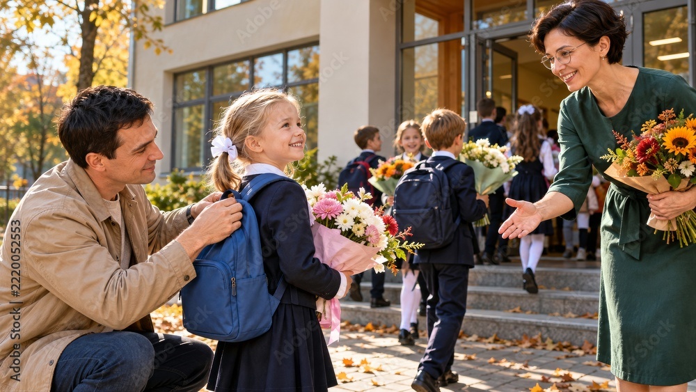 Fototapeta premium Parent adjusting a child backpack as a teacher welcomes students to school