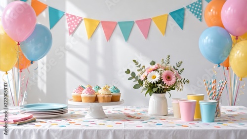 Bright Party Table with Cupcakes Flowers Balloons and Triangle Bunting