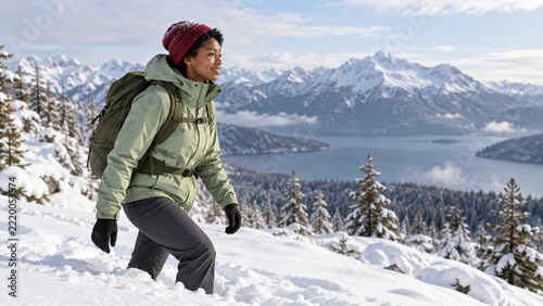 Woman Hiking Through Deep Mountain Snow in a Pale Green Winter Coat