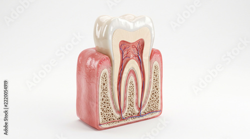 Anatomy tooth gum visualization model showing medical health oral structure with calm clinical aesthetic for dentistry education study