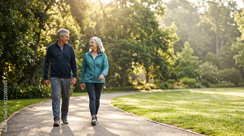 Happy senior couple walking in park enjoying retirement together with loving smiles during beautiful sunny day in green nature garden