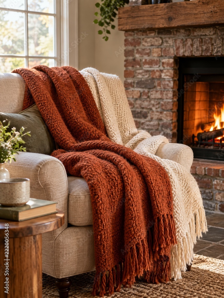 Naklejka premium Rust and Cream Wool Throws on an Armchair Beside a Brick Fireplace
