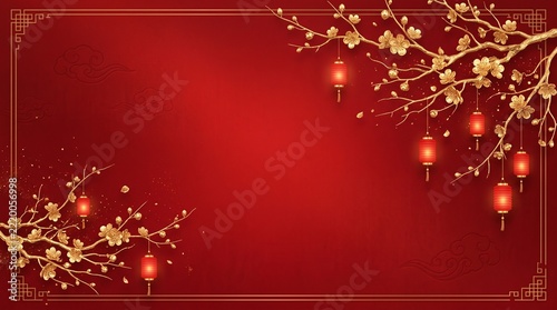 Chinese new year 2027 year of the goat greeting card with golden goat zodiac sign, plum blossom branches and traditional patterns on red background
