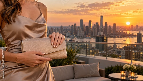 Champagne Manicure Holding a Clutch at a Golden Rooftop Sunset