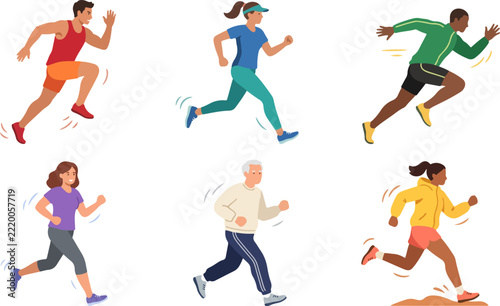 Set of diverse people running and jogging, vector illustration