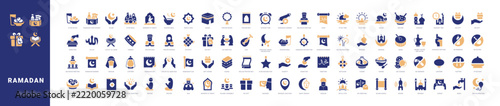 Colored filled vector icon set for Ramadan, Islamic holidays and Muslim worship for mobile apps and web interfaces.