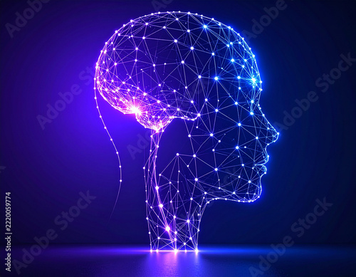 Glowing digital wireframe human head with neural network brain