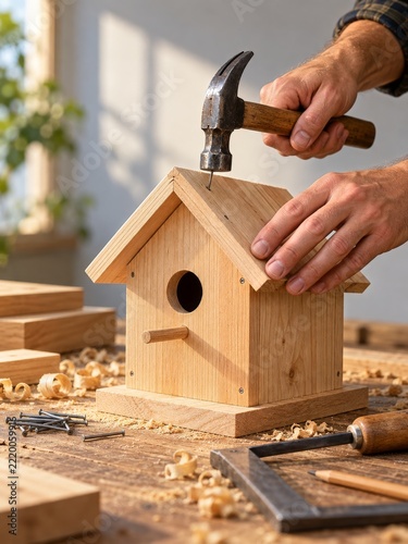 Handmade pine birdhouse receiving its final roof nail on a sunny craft bench