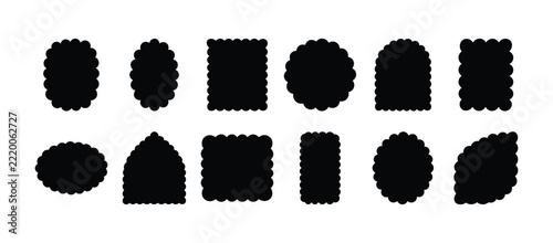 Scalloped border silhouette frame set, featuring black wavy cloud edge geometric shapes, label badges, and stamp frames