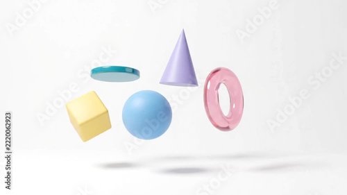 Minimalist 3D geometric shapes floating in a clean white studio setting with soft shadows
